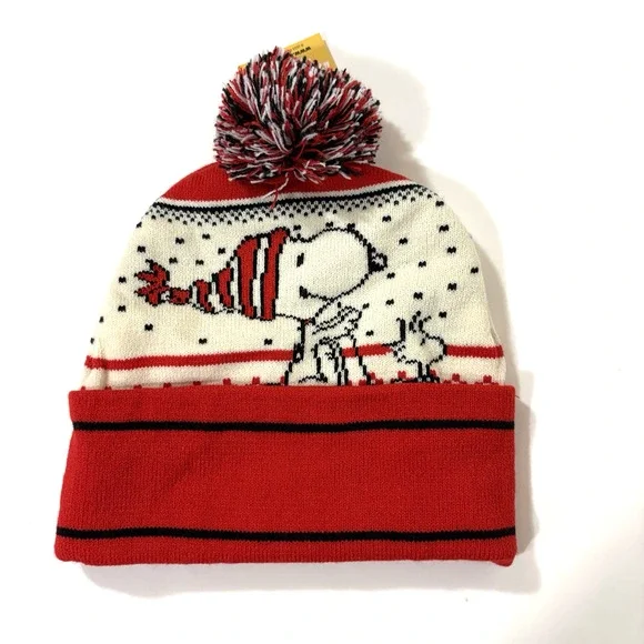 Snoopy Peanuts Pom Beanie Hat Woodstock One Size Stretch New Red White Sledding - Picture 5 of 9